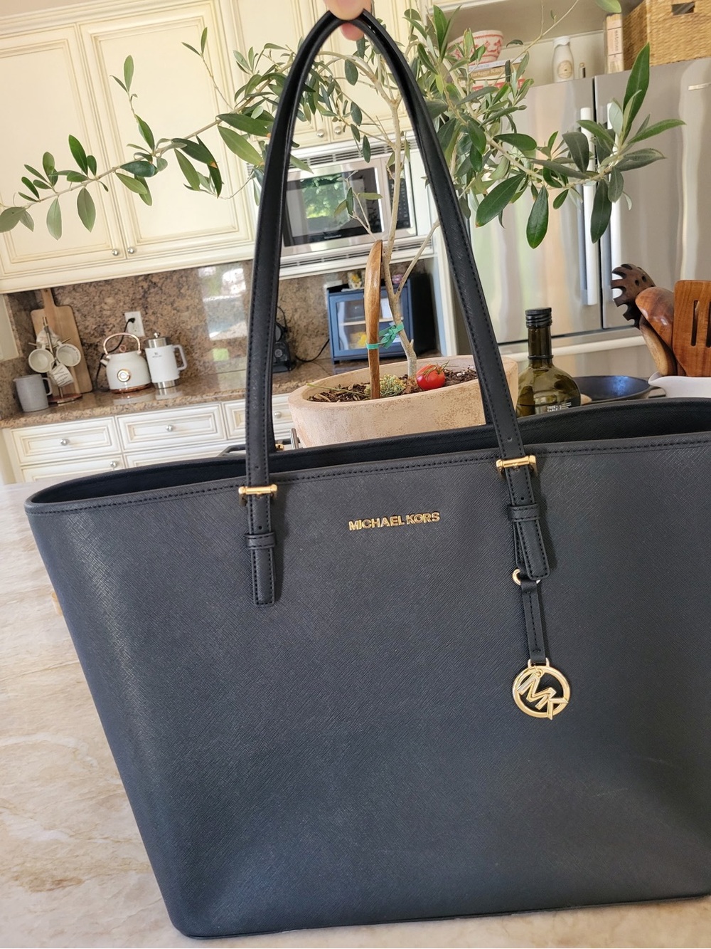 Michael Kors Black Saffiano Leather Messenger Tote with Gold Hardware